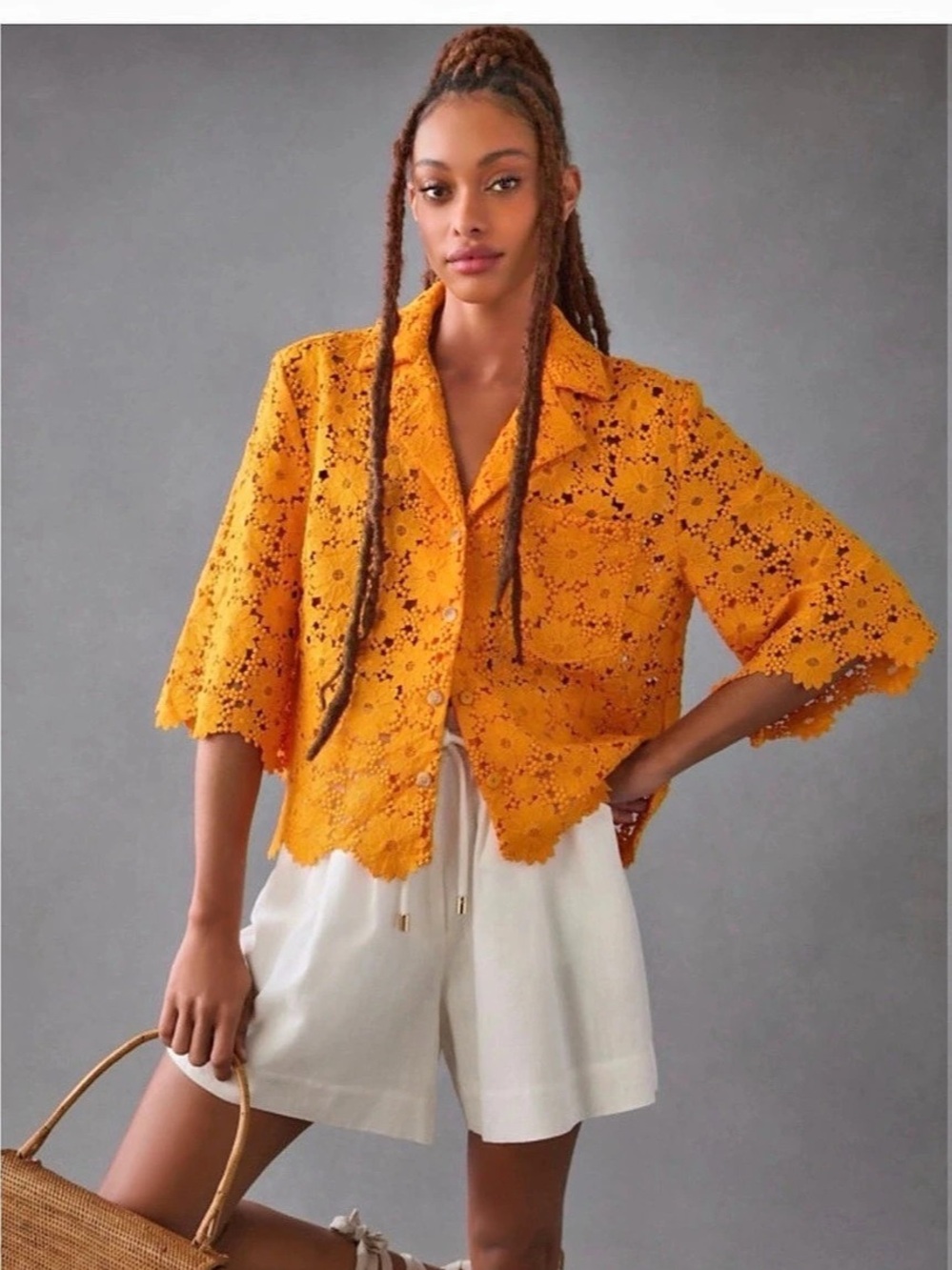 Maeve Anthropologie Floral Crop Buttondown Shirt Orange XS | $108 Retail